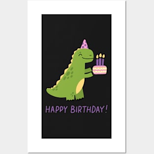 Cute T-Rex with birthday cake Posters and Art